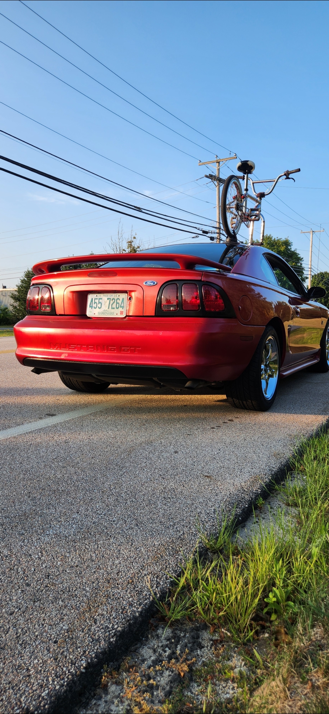 Mustang with DK BMX bike on roof rack at golden hour